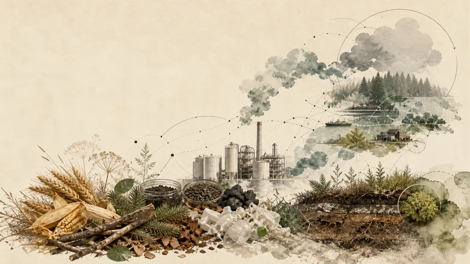 Editorial system collage connecting biomass, secondary carbon, conversion infrastructure, territorial networks, soil and atmospheric outcomes.