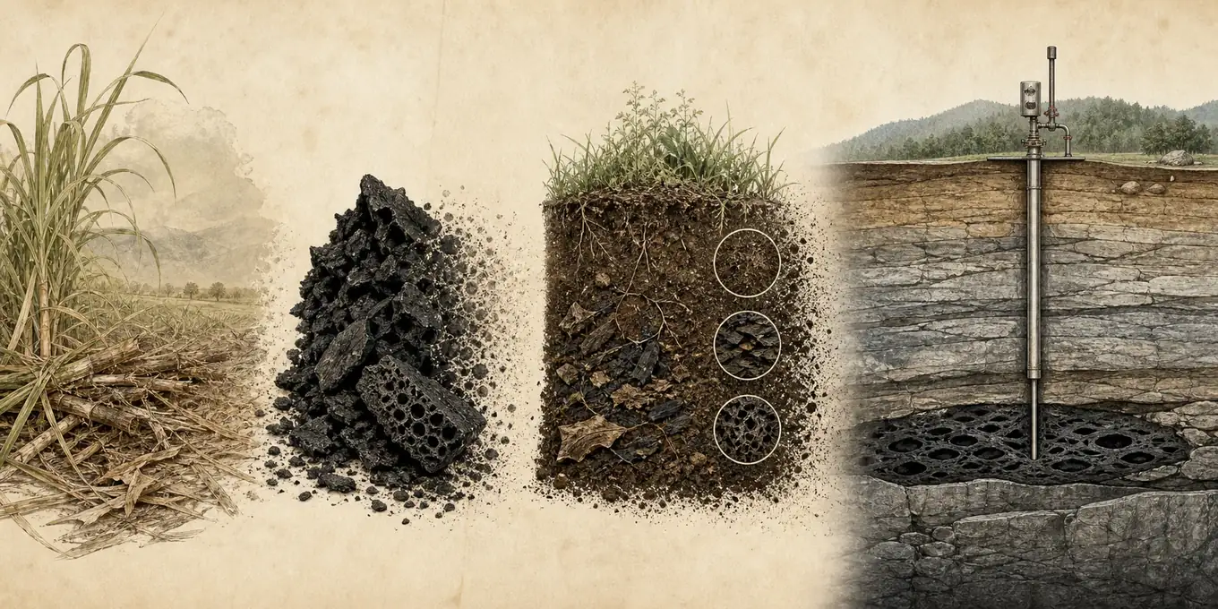 Time-oriented sequence from biomass through porous char and soil carbon to a monitored geological storage formation.