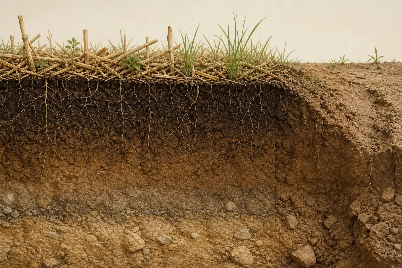 Soil-profile cutaway contrasting residue-covered rooted topsoil with a partially exposed erosion-prone surface.