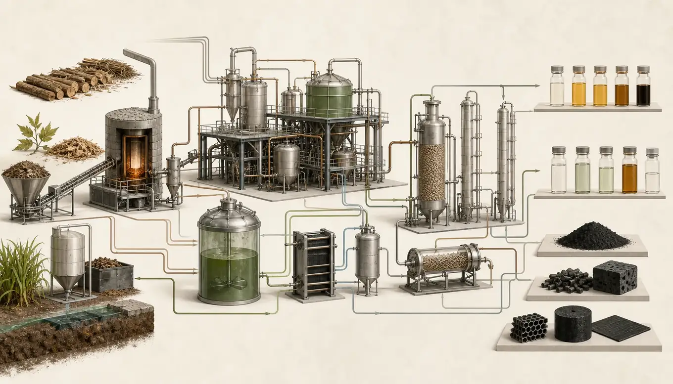 Integrated conversion landscape with thermochemical, biochemical, catalytic and separation equipment leading to fuels and carbon materials.