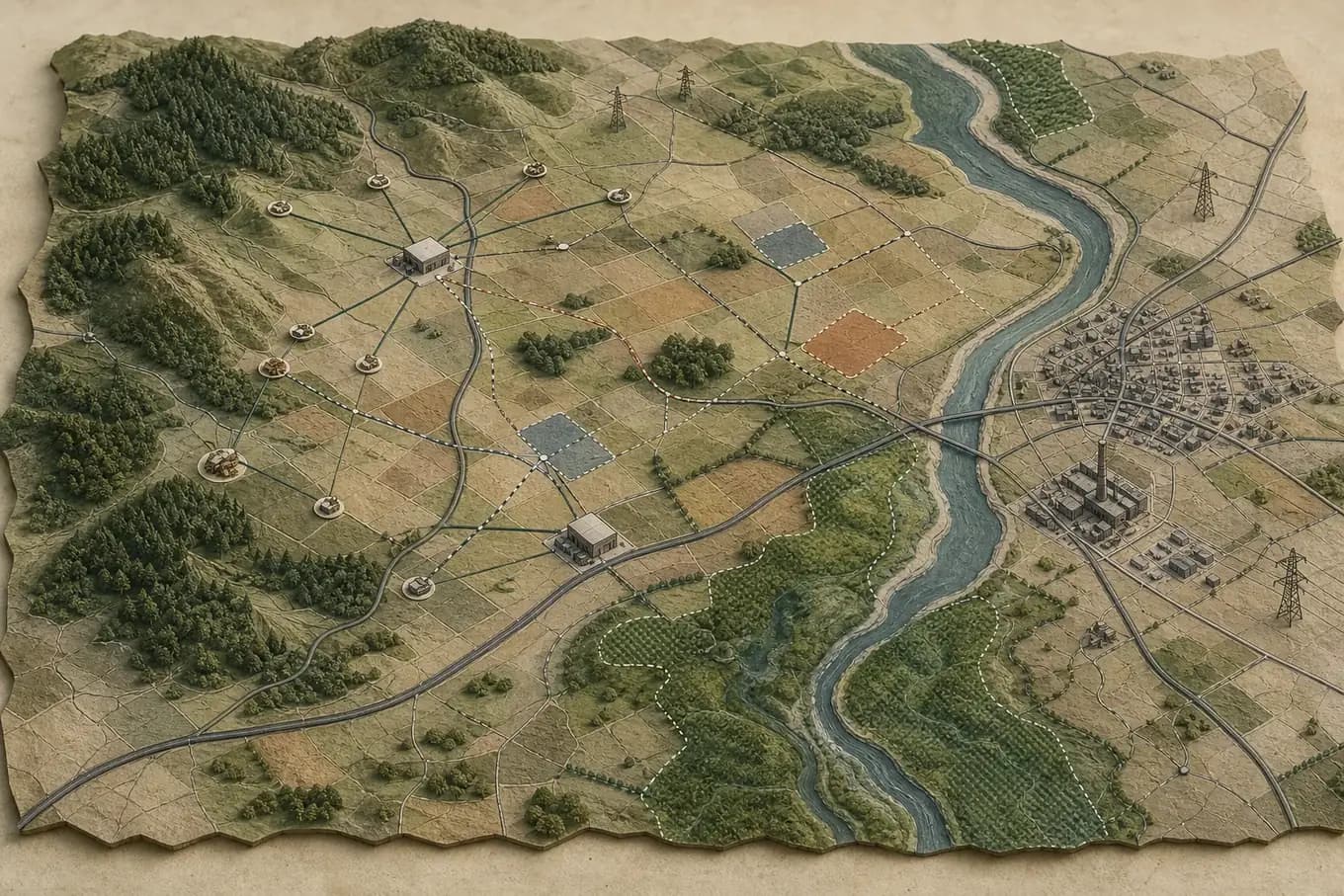 Oblique territorial map with dispersed resources, roads, depots, candidate facilities, river, protected areas, town and grid infrastructure.