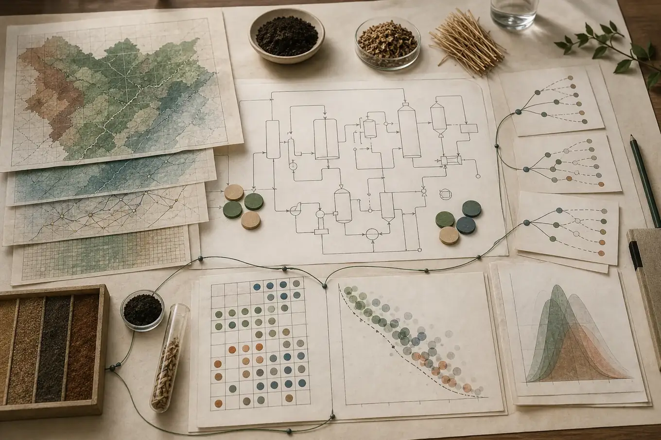 Research desk combining map layers, flowsheet, material-balance tokens, matrix, scenario branches and Pareto alternatives as cross-cutting methods.