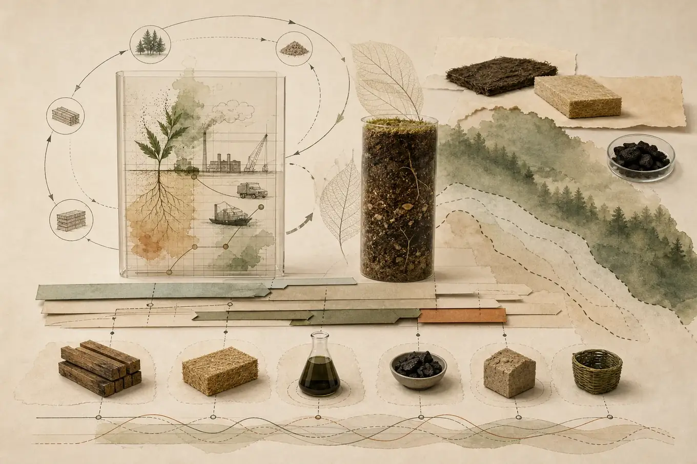 Evidence collage linking carbon cycles, soil core, material samples, time, life-cycle boundaries and alternative outcomes.