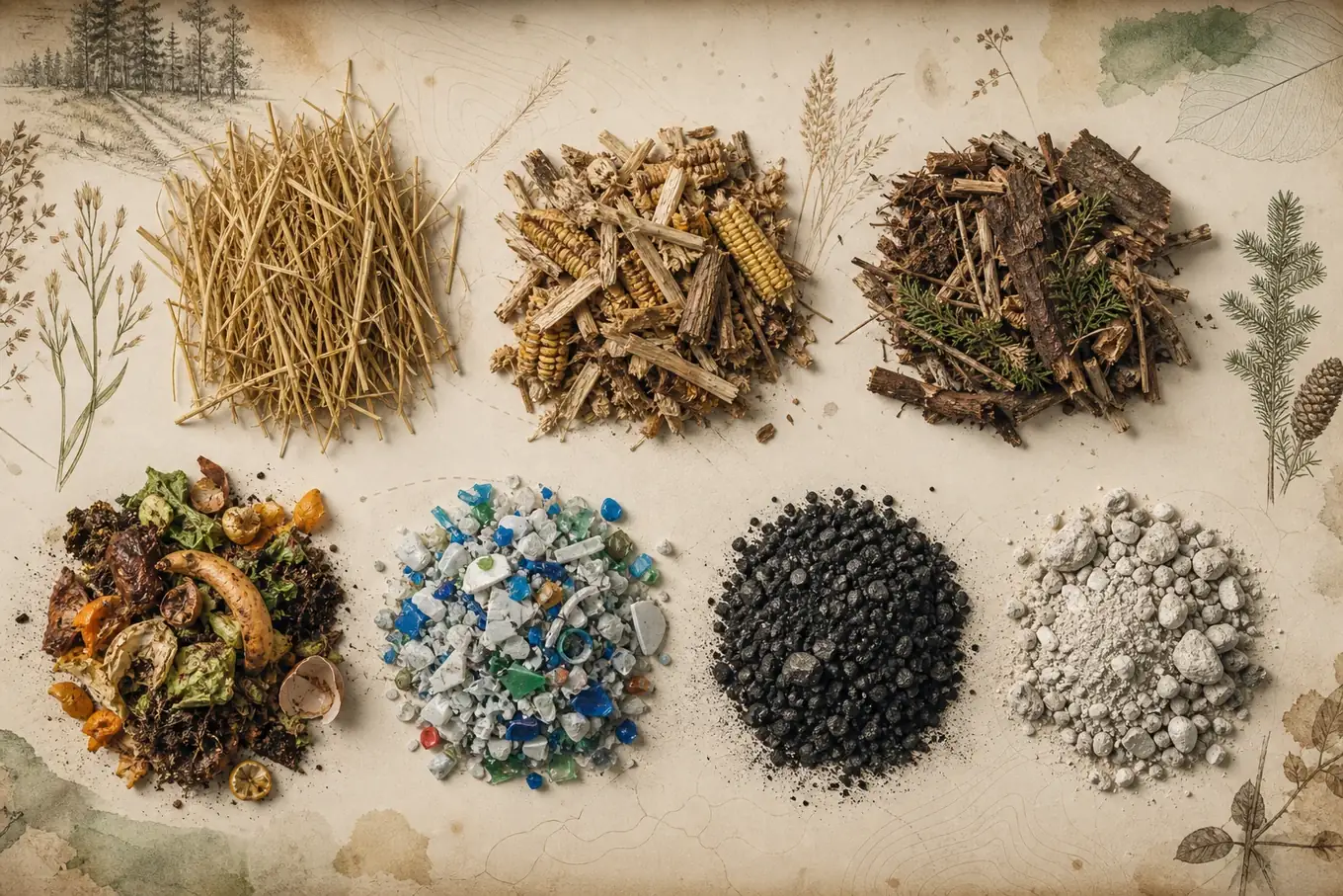 Specimen-table taxonomy of straw, crop and forest residues, organic waste, post-use plastic, industrial carbonaceous material and mineral residue.