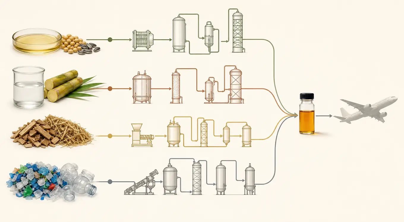 Four distinct SAF starting streams—lipids, alcohol, lignocellulosic biomass and post-use plastics—follow separate process trains toward an aviation-fuel sample.