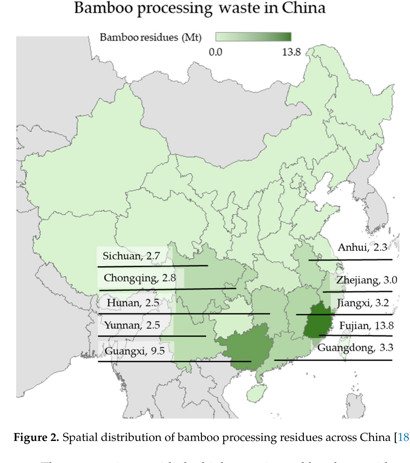 Map showing the spatial distribution of bamboo processing residues across China